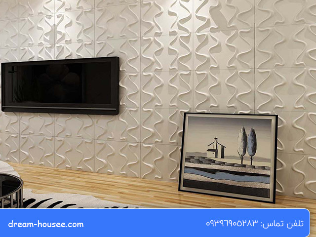 دیوارپوش سه بعدی در دیوار و پشت تلوزیون با تزئین دکوراسیون داخلی زیبا